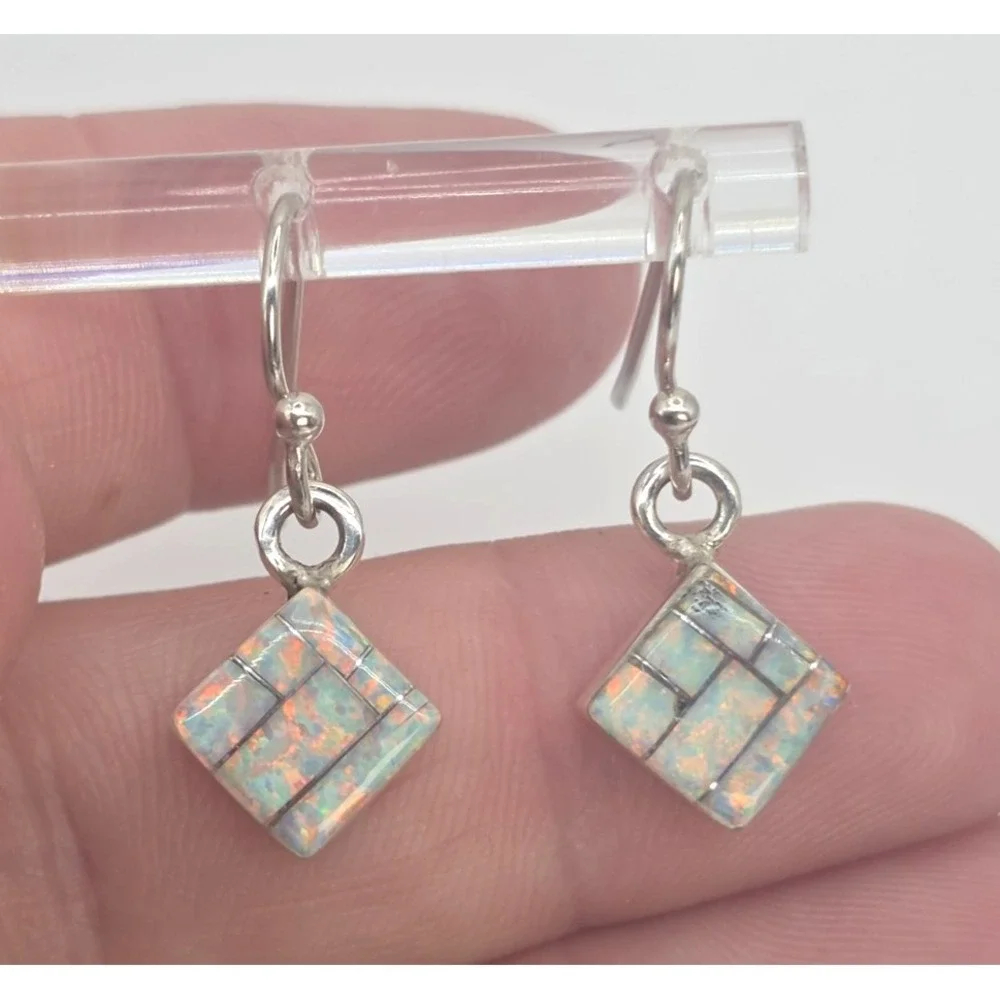 Fire Opal Earrings Dangles Sterling Silver Inlays Handmade Squares Signed SM NEW
